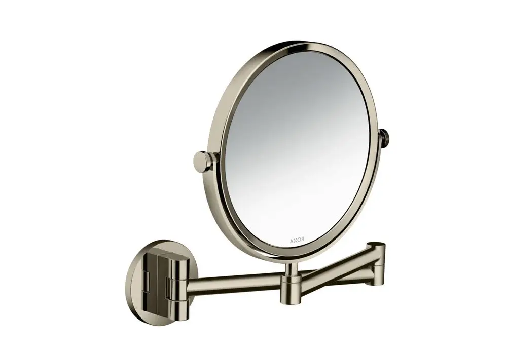 Runder Wandspiegel in poliertem Nickel mit verstellbarem Arm, montiert an einer Wandhalterung. Von der Marke AXOR.